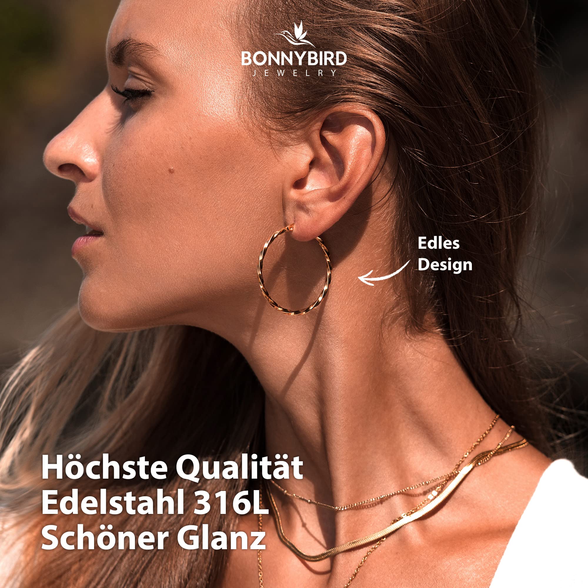 BONNYBIRD® Wasserfeste Edelstahl Creolen Groß in Silber, Gold & Roségold - Ohrringe Damen aus hochwertigem Chirurgenstahl, 100% Wasserfest & Hautverträglich "BonnyFly" (40 mm)
