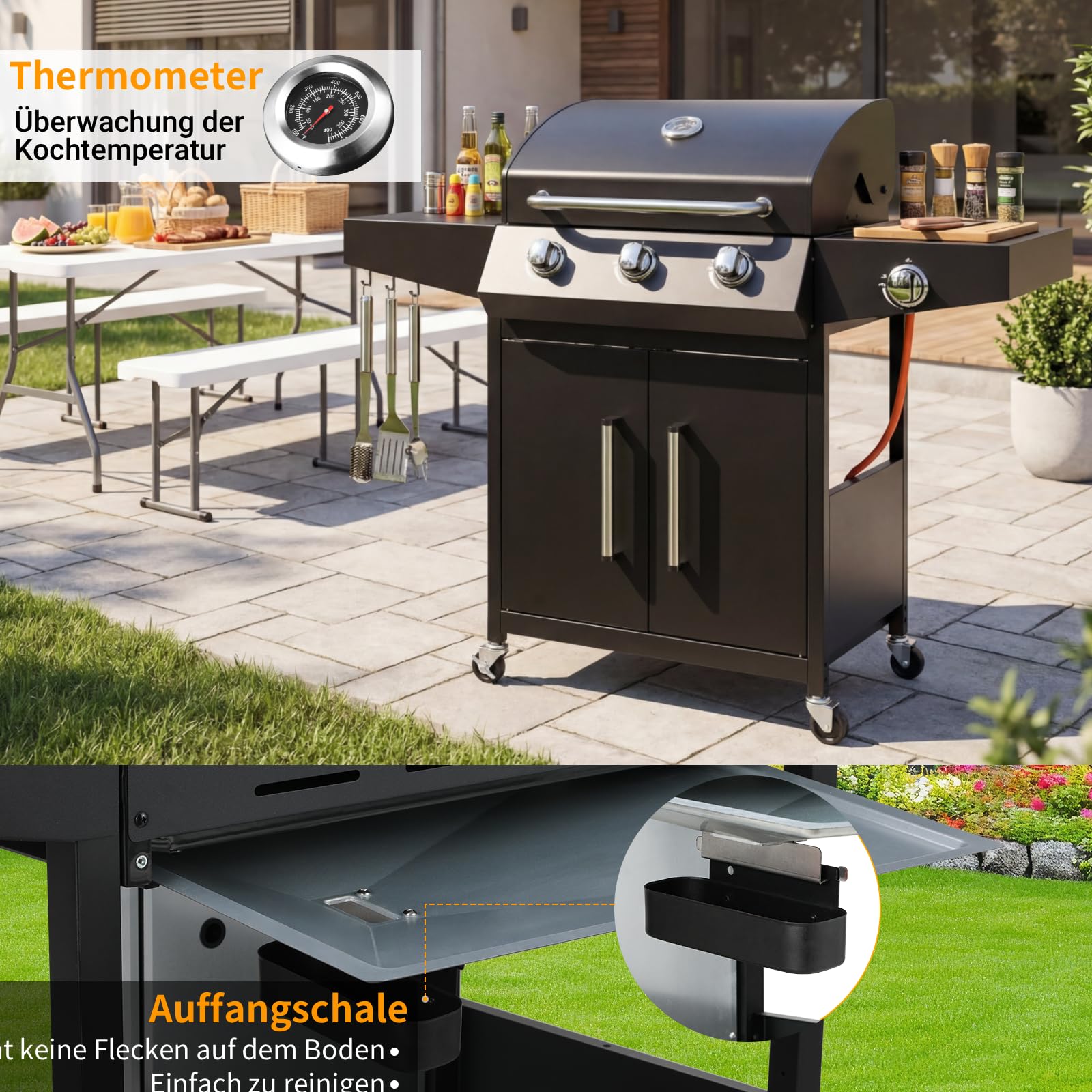 LIFERUN Gasgrill 3+1 Edelstahl Brenner,13,5 kw Gas Grillwagen BBQ mit Seitenkochfeld,Gasgriller mit Thermometer,4 PCS Bremse Rollen,DE I3B/P(50) Gasdruckregler,Grillküche Camping Garten(Butan/Propan)
