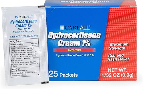 CareAll Crema de hidrocortisona al 1% (paquete de 25), paquete de papel de aluminio de 0.03 oz. Formulación de máxima resistencia, crema antipicazón
