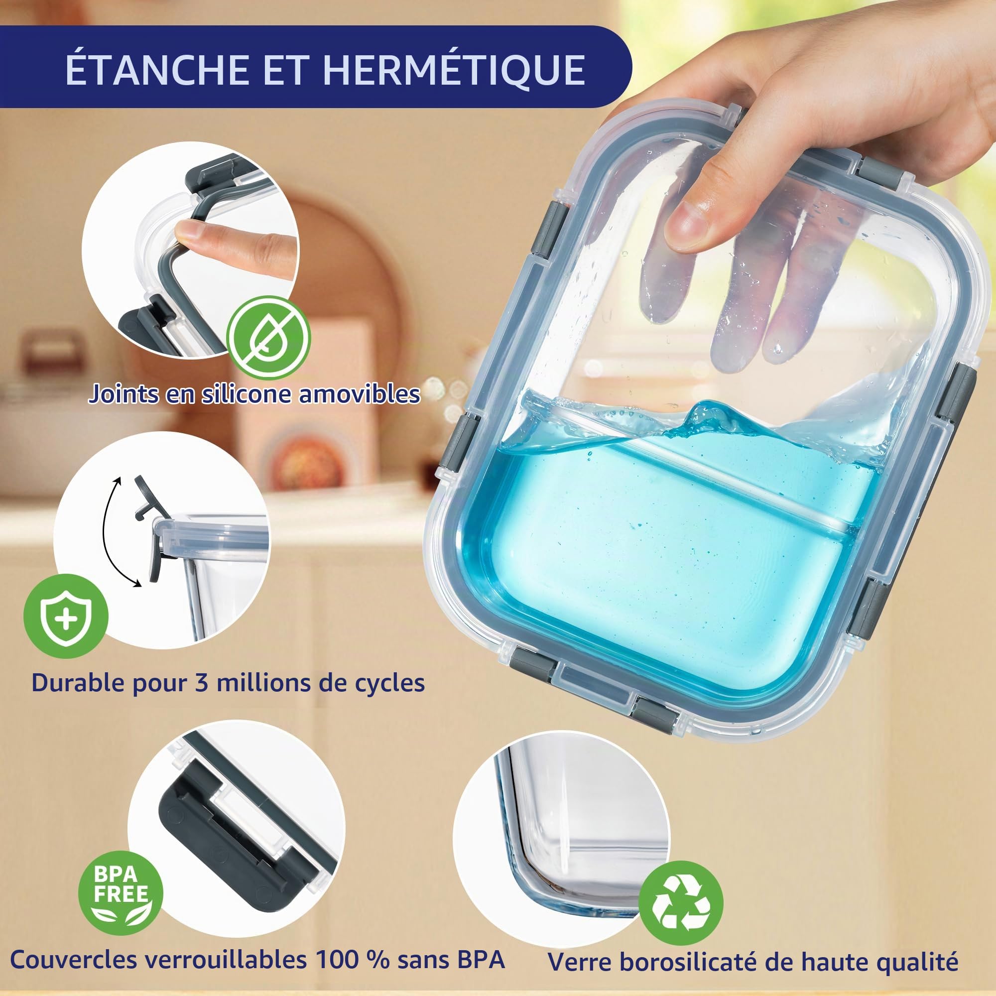 MFY Lot de 5 boîtes de conservation en verre de 36 oz avec couvercle – Lot de 2 compartiments pour la préparation des repas en verre hermétique pour micro-ondes, four, congélateur, gris