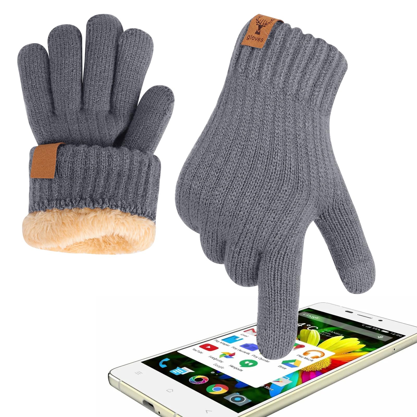Risipu Winter Warm Gloves for Men Women Thermal Touch Screen Gloves with Fleece Lining Soft Warm Knit Glove for Skiing Cycling Hiking (Grey, One Size)