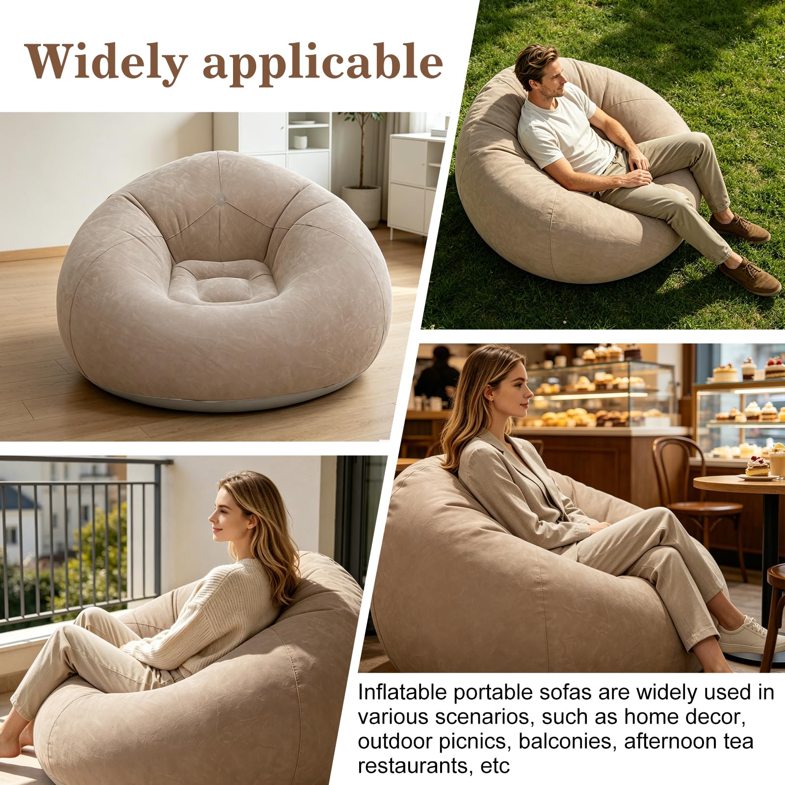 Aufblasbarer Sitzsack, 105 * 105 * 60cm Aufblasbares Sofa & Sessel, Aufblasbare r Sessel, Luft Strandsofa mit Luftpumpe, Sof a und Couch mit Beflockter Oberfläche für Wohnzimmer