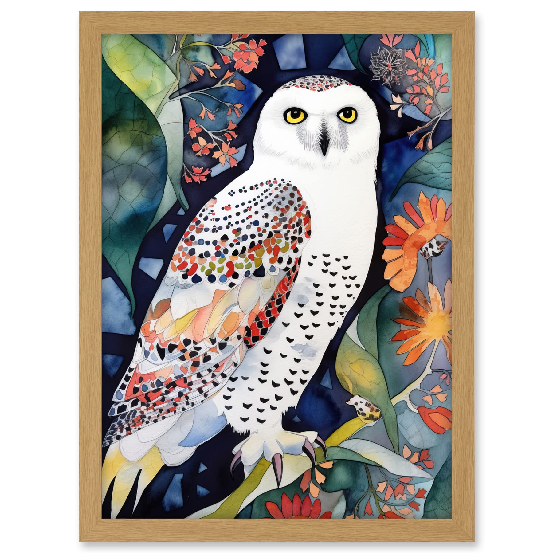 Artery8 Snowy Owl On Blooming Tree Folk Art Artwork Framed A3 Wall Art Print
