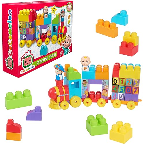 CoComelon Stacking Train, 40 Piece Large Building Block Set Includes JJ and TomTom Figures, Color and Number Recognition, by Just Play