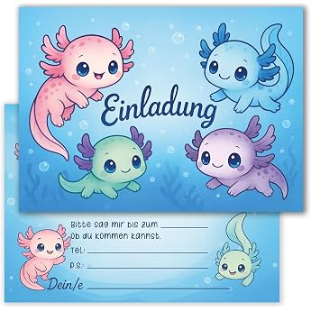 E&G Class 10 x Invitation Cards Axolotl Animal Motif Children's Birthday A6 Blue Cute Birthday Invitation Children Invitation Cards Girls Boys Cute Animal Party Axolotl Design Cards