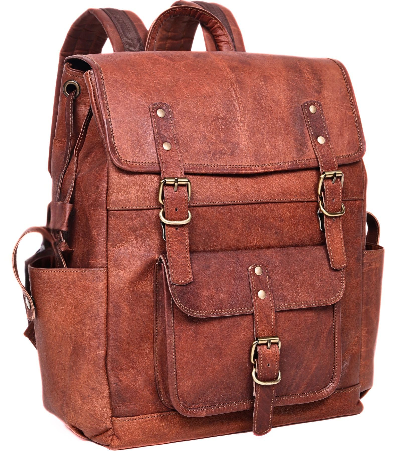 17 Inch Brown Mens Leather Backpack Large Vintage Laptop Backpack