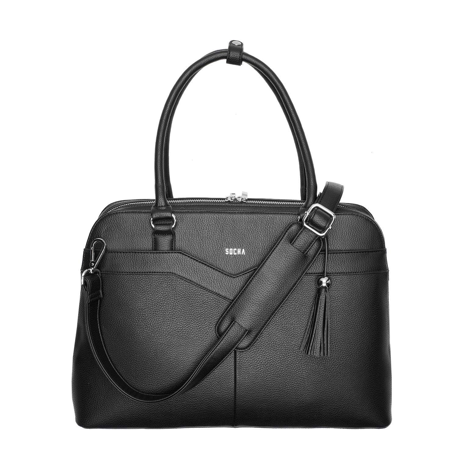 Socha Laptoptasche Damen/Businesstasche Frauen/Notebooktasche mit Tragegurt - Elegant - Extra leichte Synthetik - Couture V Black - 15.6 Zoll Schwarz