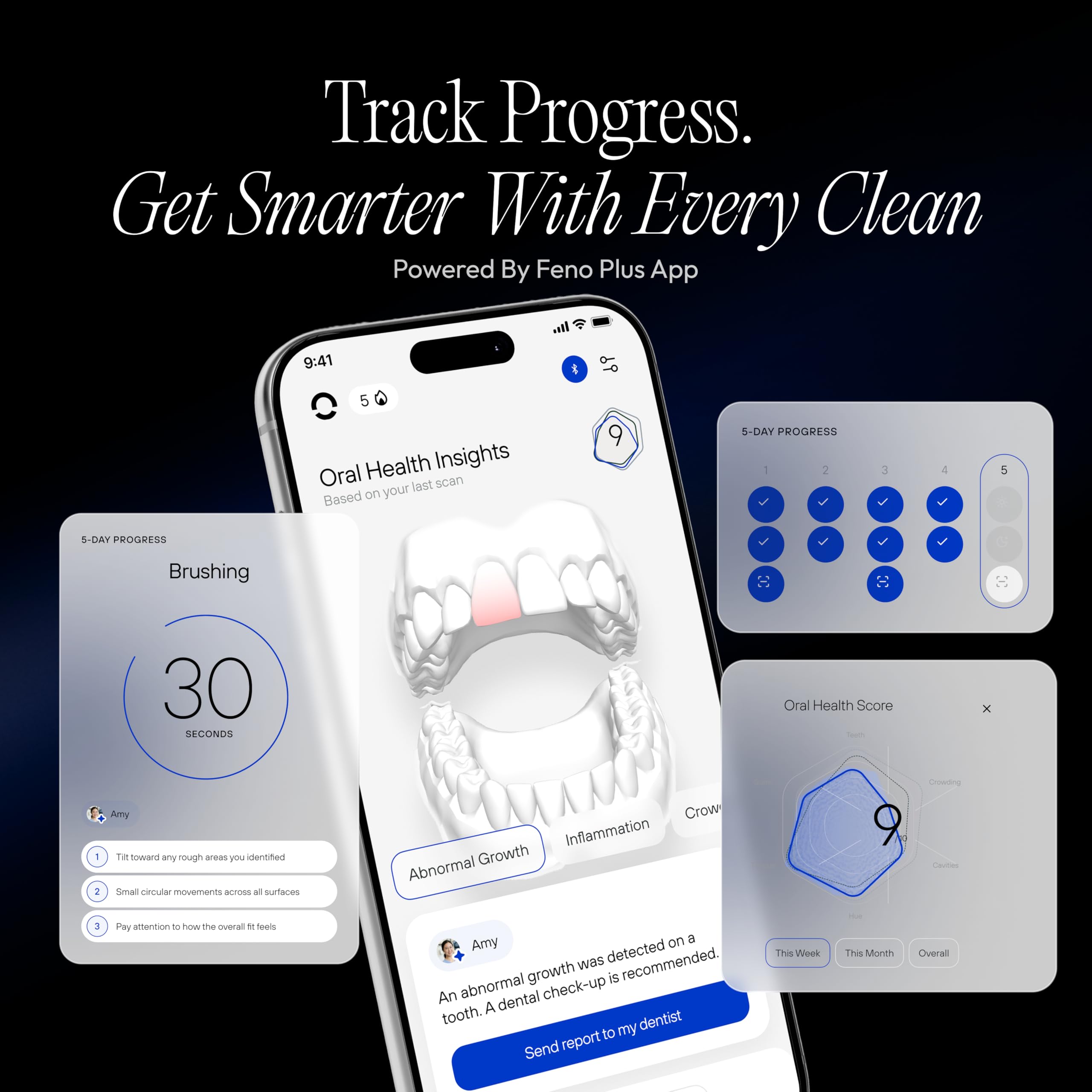Feno Smartbrush Cepillo de dientes eléctrico para adultos, cepillo oscilante con IA, aplicación y boquilla personalizadas, limpieza profunda de 20 segundos, recargable