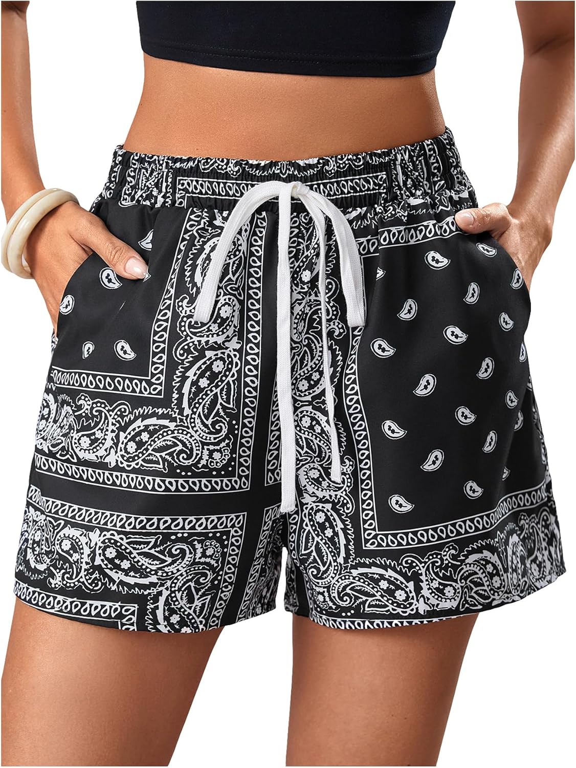 SHENHE Women's Summer Boho Paisley Print Shorts Drawstring High Waist Beach Vacation Shorts