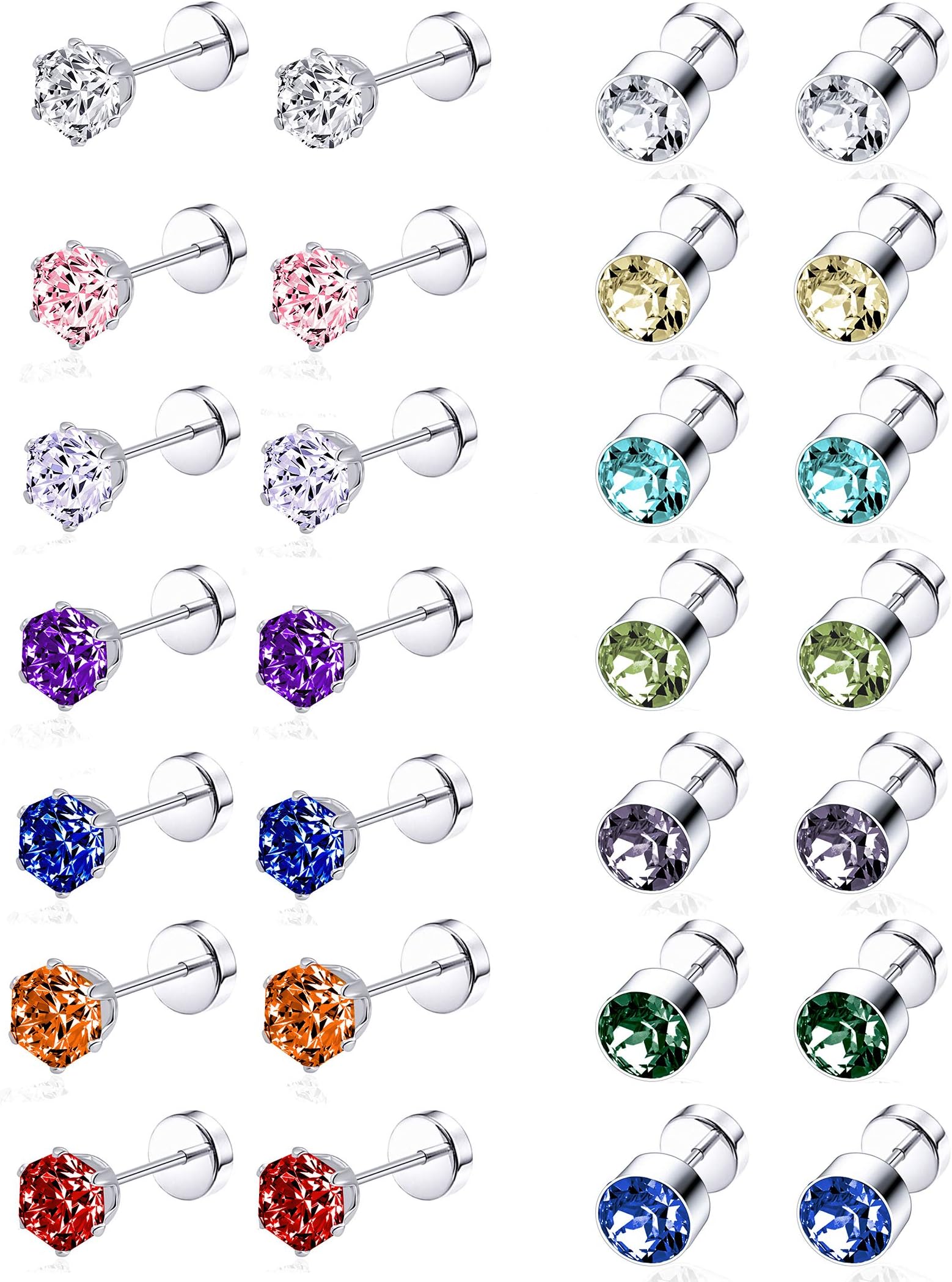 Tornito 7-14 Pairs Stainless Steel CZ Stud Earrings for Women Multicolor Cubic Zirconia Cartilage Helix Earrings Set Screwback 4MM