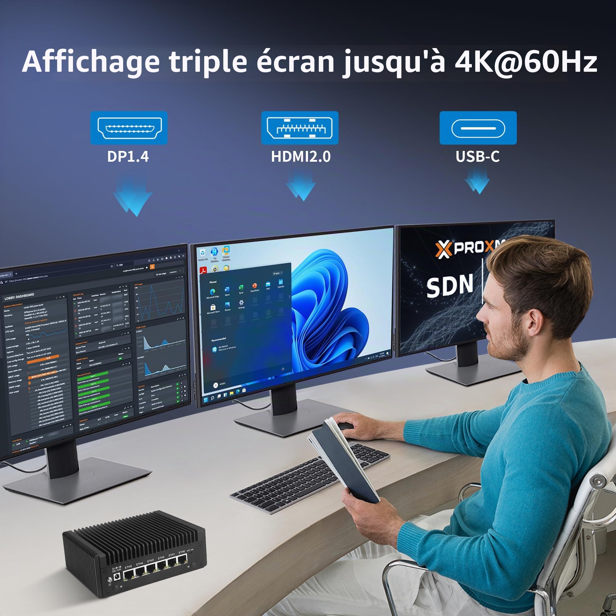CWWK Mini PC N150 (Upgraded N100) Firewall Appliance, OPNsense Mini Computer mit 6 Port i226-V 2.5GbE LAN, F5 Fanless Micro PC DDR5 8GB RAM 128GB NVMe SSD, USB Typ-C, 3-Display