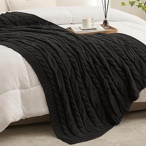Amélie Home Manta negra para sofá, manta de punto trenzado hueco, suave, acogedora, ligera y transpirable, decorativa de primavera para sofá,