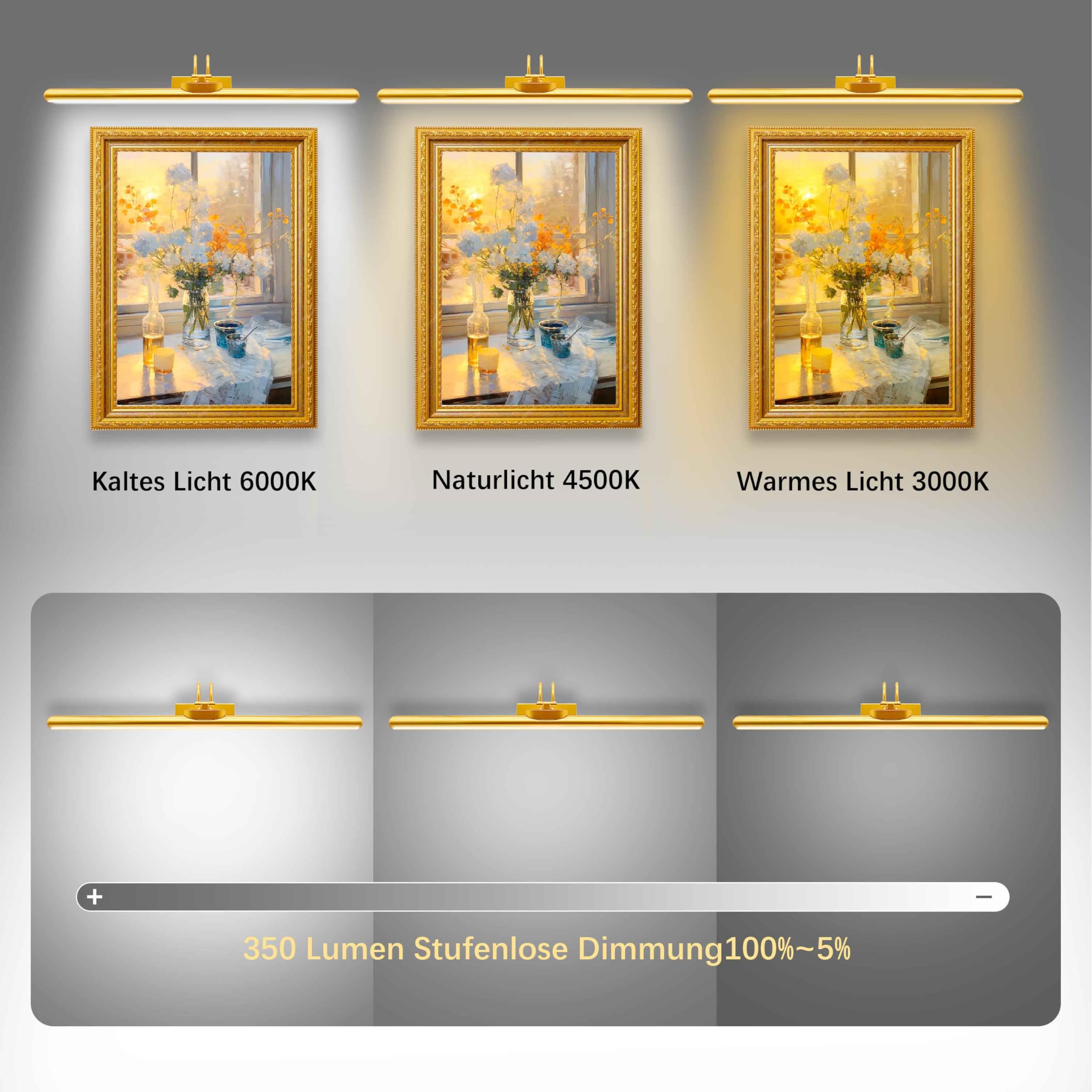 LED Bildbeleuchtung Kabellos Innen, Aufgeladenes Akku-Kunstleuchten mit Fernbedienung, Dimmbare Magnet Touch Lichtleiste Wandlampe, Bildbelicht für Schreibtisch Wand Spiegel, (Golden 1 Stück)