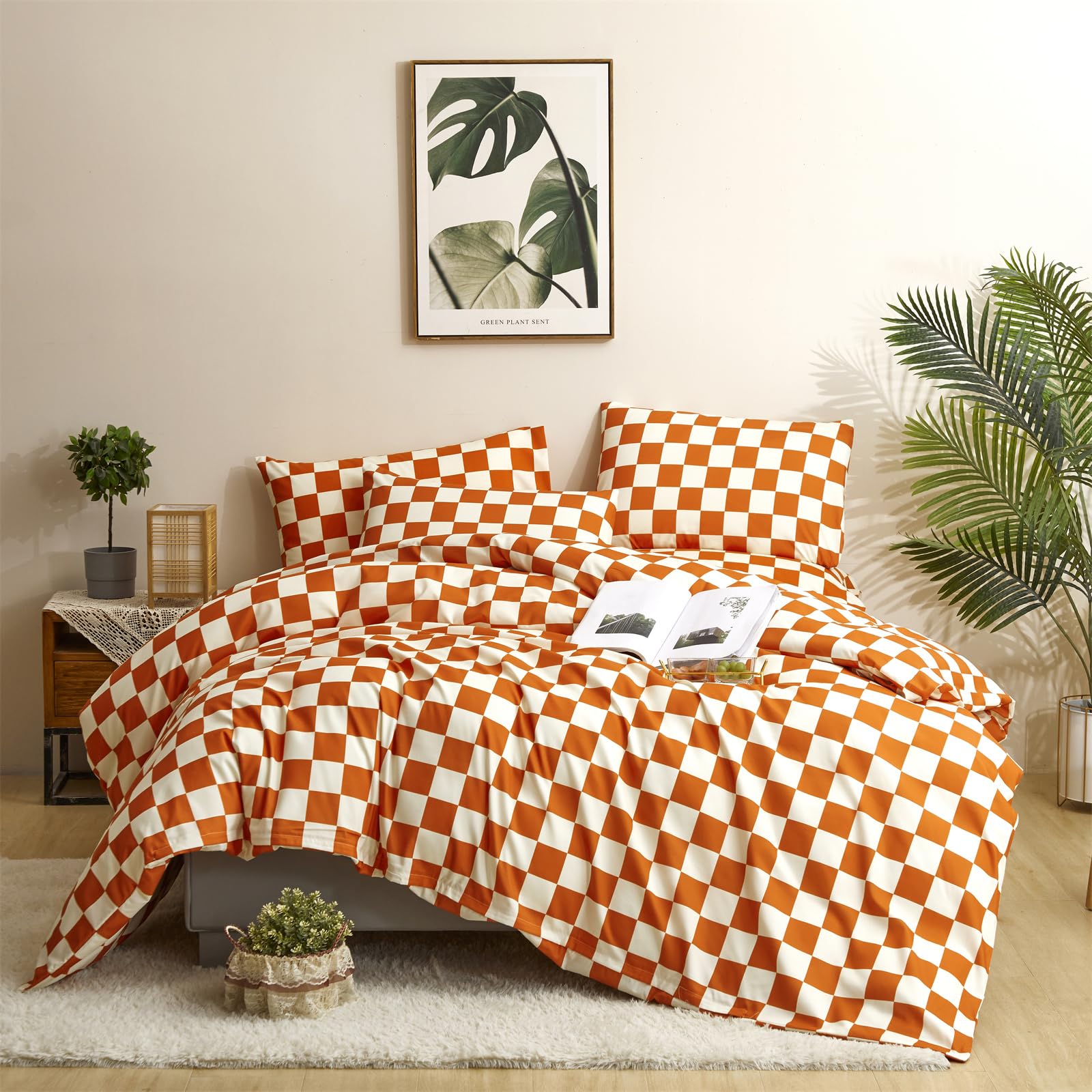 CLOTHKNOW Orange Plaid California King Comforter Set Grid Bedding Comforter Sets Geometric Buffalo Comforter with 2 x Pillow Cases