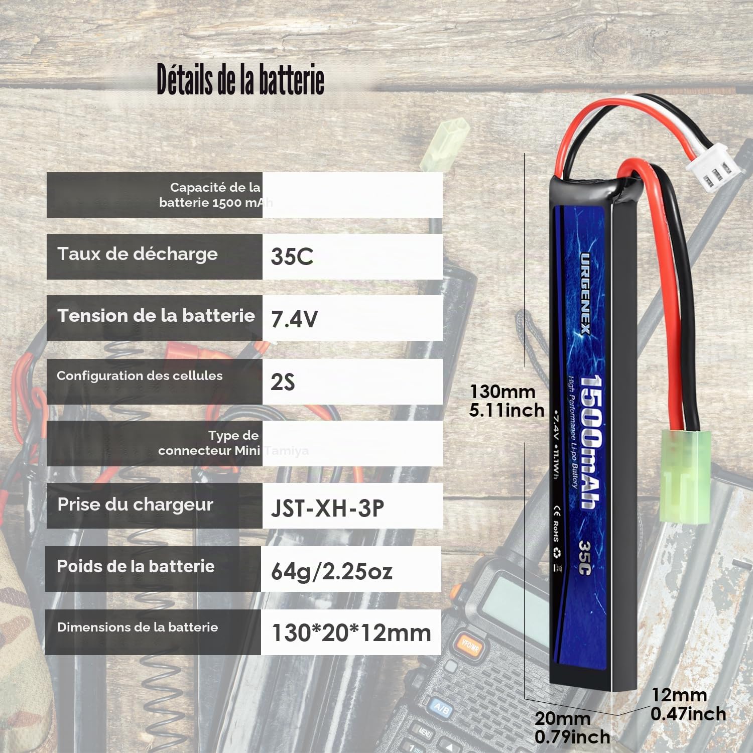 Pack de batterie Lipo Airsoft 7,4 V 1500 mAh 35 C à taux de décharge élevé avec mini prise rechargeable 2S pour pistolets modèles Airsoft