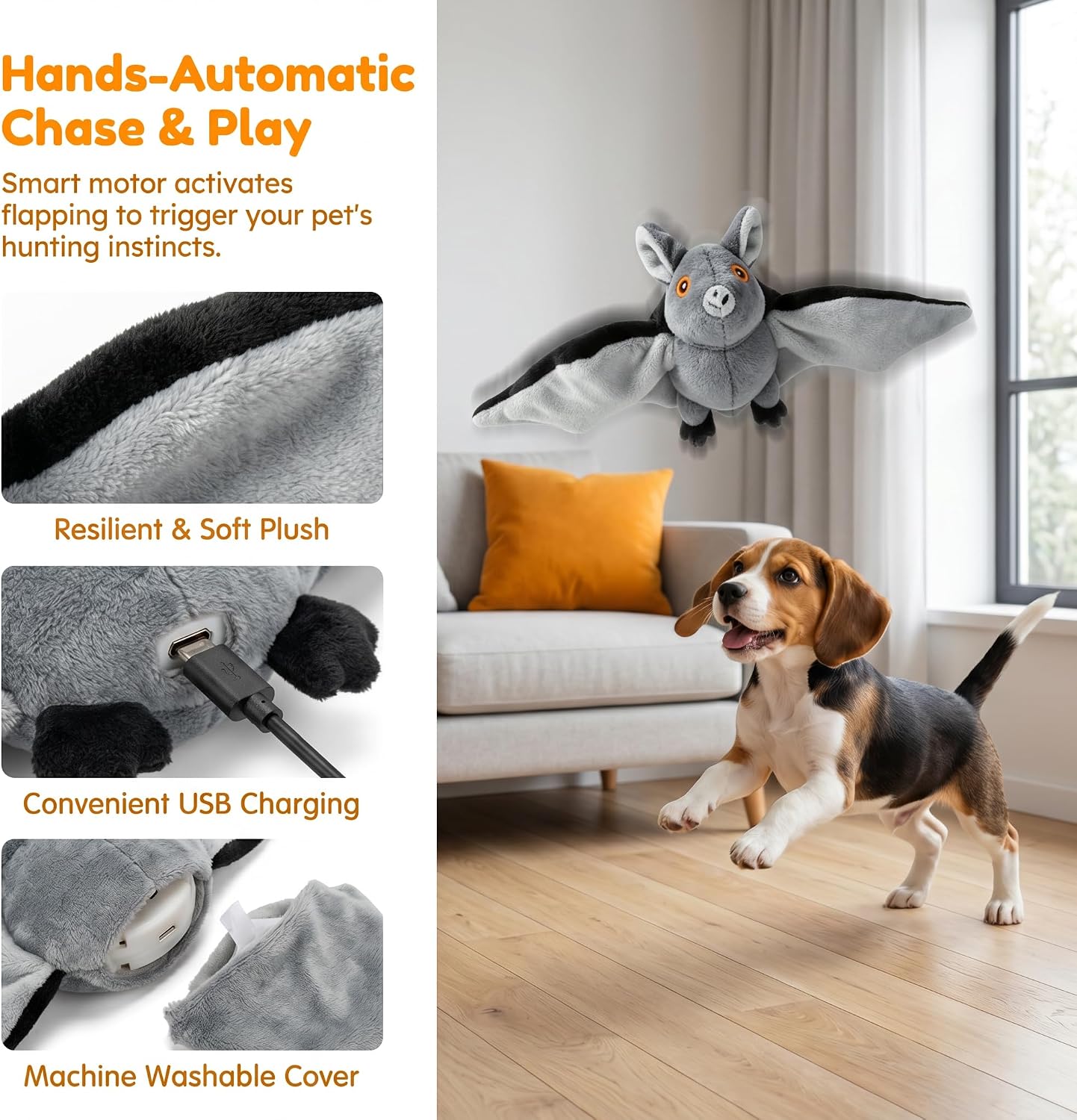 Flying Bat Dog Toy, Motion Activated Flapping Bat Cat Toy with Realistic Wings and Chirping Sounds, Rechargeable Remote Control Halloween Toy for Indoor Cats, Kittens and Small Dogs，1PC image 2