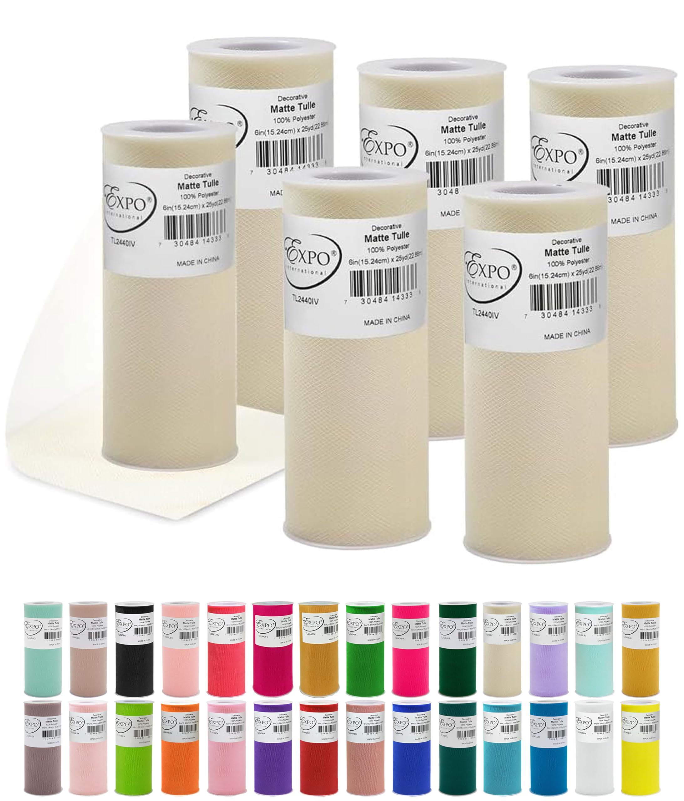 Expo International Decorative Matte Tulle, Roll/Spool of 6 Inch x 25 Yards (Pack of 6), Polyester-Made Tulle Fabric, Matte Finish, Lightweight, Versatile, Washable, Easy-to-Use, Ivory