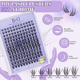 B&Q Wispy Lash Clusters Kit B03, DIY Lash Extension Kit 156PCS Eyelash Extension Kit, Soft Natural Lash Clusters 8-18MIX D Curl Lash cluster, Thin Black Band Cluster Eyelash Extensions (B03 Set)