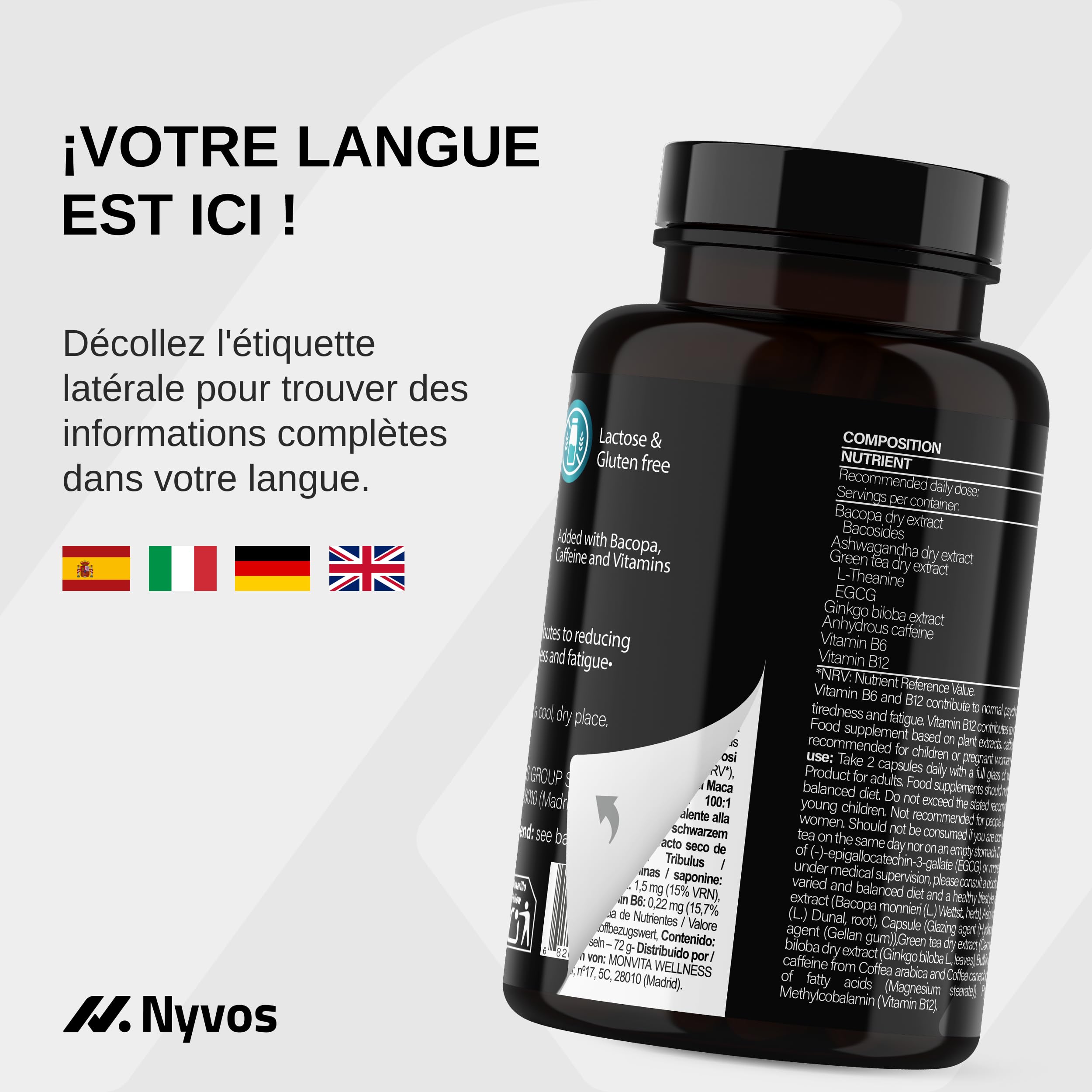 L-Théanine, Ginkgo Biloba, Ashwagandha – Nootropique avec Bacopa Monnieri, caféine naturelle, vitamines B6 & B12 fortement dosées | Focus, concentration & énergie sans nervosité | 90 gélules véganes