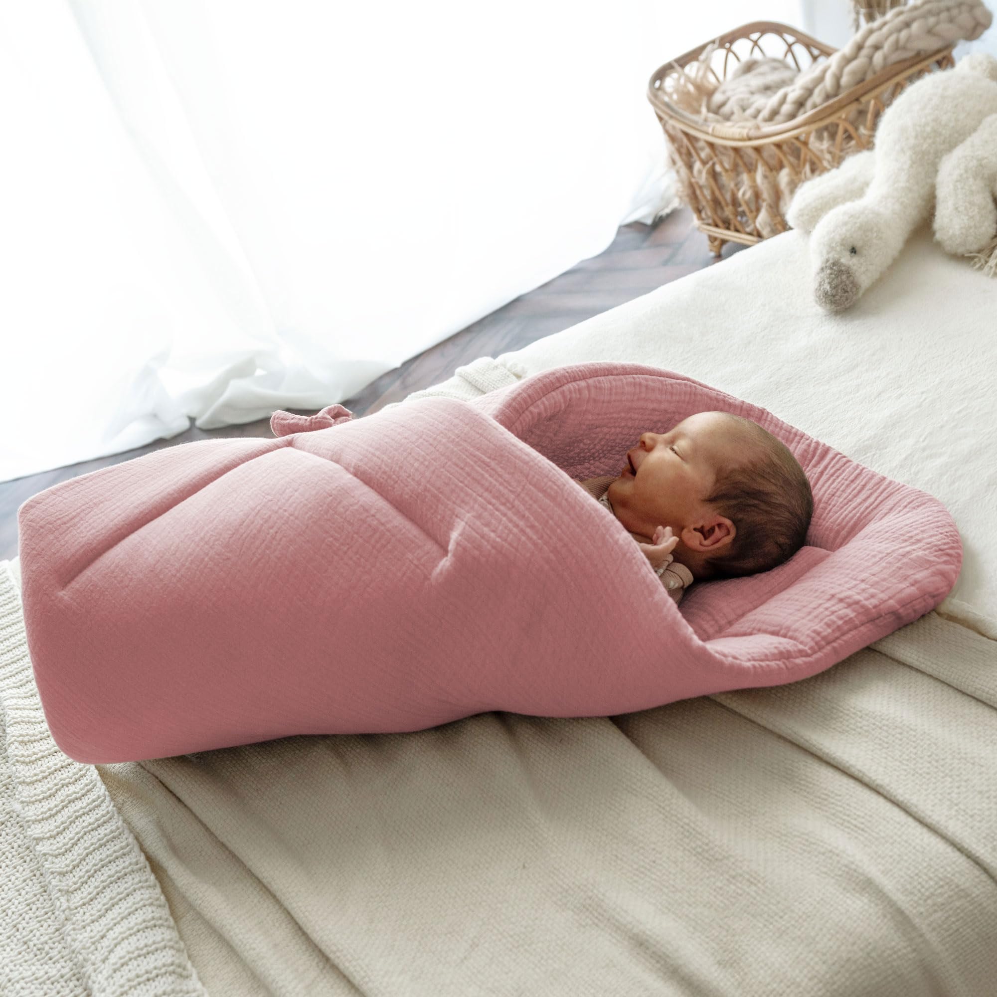 PaLulli Set 2 in 1, nido e coperta, 100% mussola, paracolpi per bambini, paracolpi per neonati, nido per bambini (rosa)