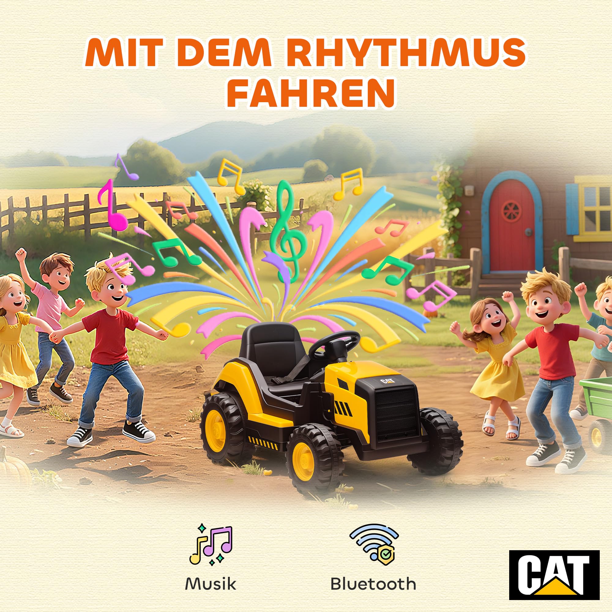 AIYAPLAY Elektrischer Traktor CAT-Lizenziert 12 V Musik 3-6 Jahre Gelb | Aufsitztraktor, 2,4G Fernbedienung, 2 Motor, Hinterradfederung, Langsamer Start und Stopp, Bluetooth, Elektrotraktor