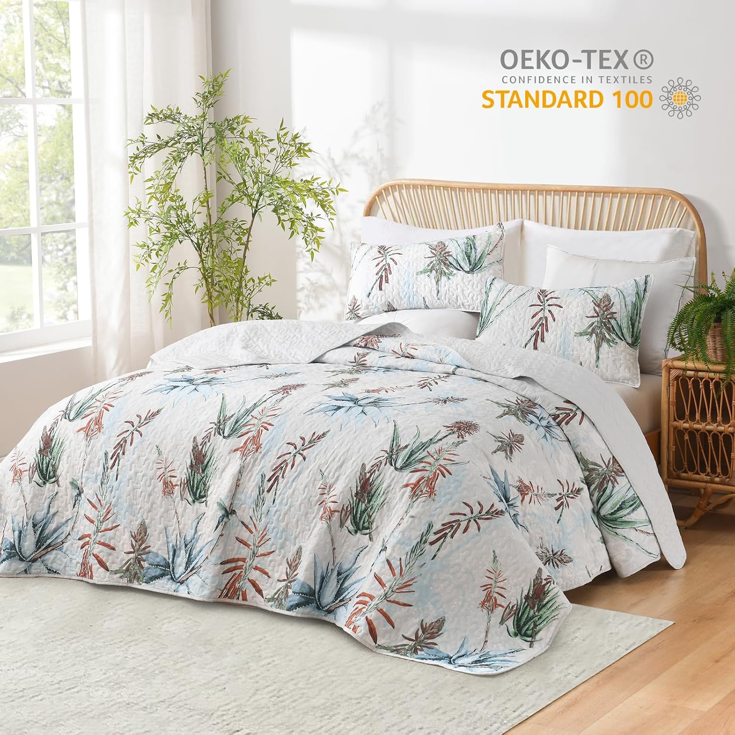 HORIMOTE HOME Botanical Quilt Set Queen Size 3 Pieces, Green Blue Maguey Floral Printed Reversible Bedspreads Bed Coverlet, Soft and Lightweight Tropical Plants Bedding Sets for All Season - Image 2