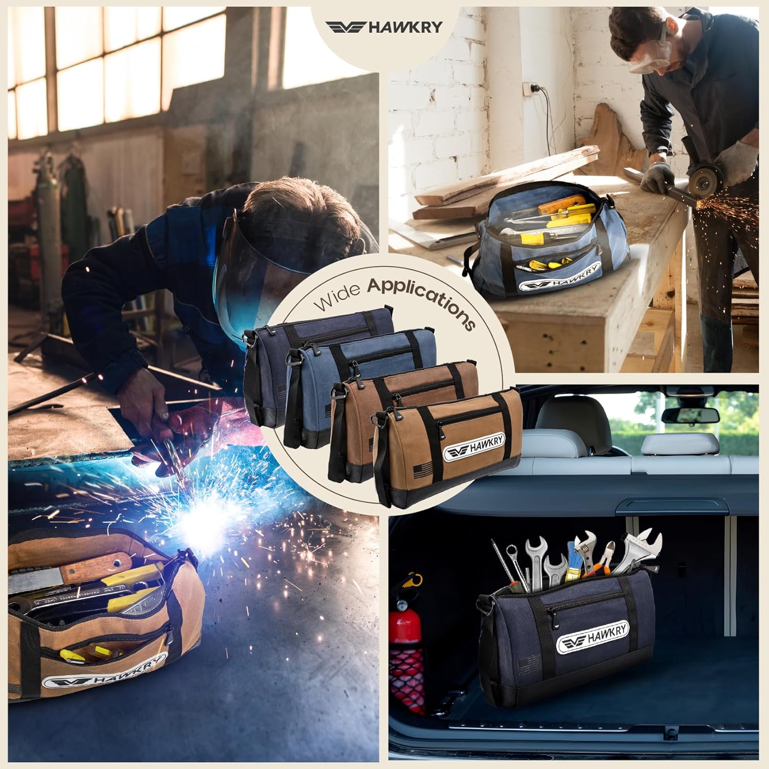 HAWKRY Canvas Tool Bag Set of 4 – Heavy Duty Zipper Tool Pouches, Waterproof Small Tool Bags for Electricians, Mechanics, Construction, Gardening & Tool Organization