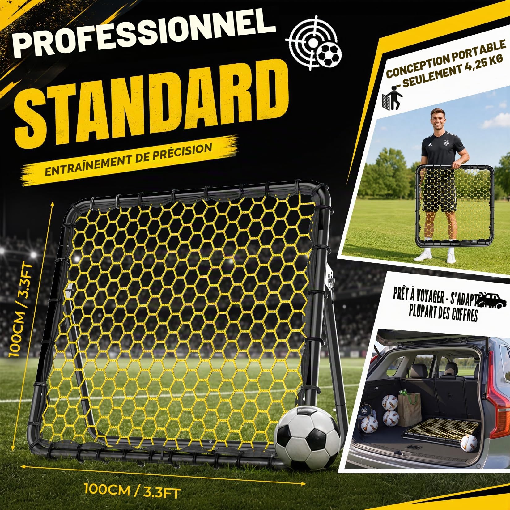 Happy Jump Filet de Rebond Football 1x1m – Angles Réglables, Structure en Nid d’Abeille, Améliore la Technique et Les Réflexes, Idéal Débutants & Confirmés