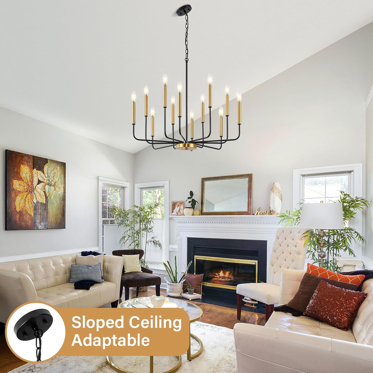12-Light Black and Gold Chandelier, Modern Farmhouse Chandelier for Dining Room Hanging Lighting Fixture, Metal Candle Chandelier with Chain for Living Room, Kitchen, Entryway, Foyer, Stairs