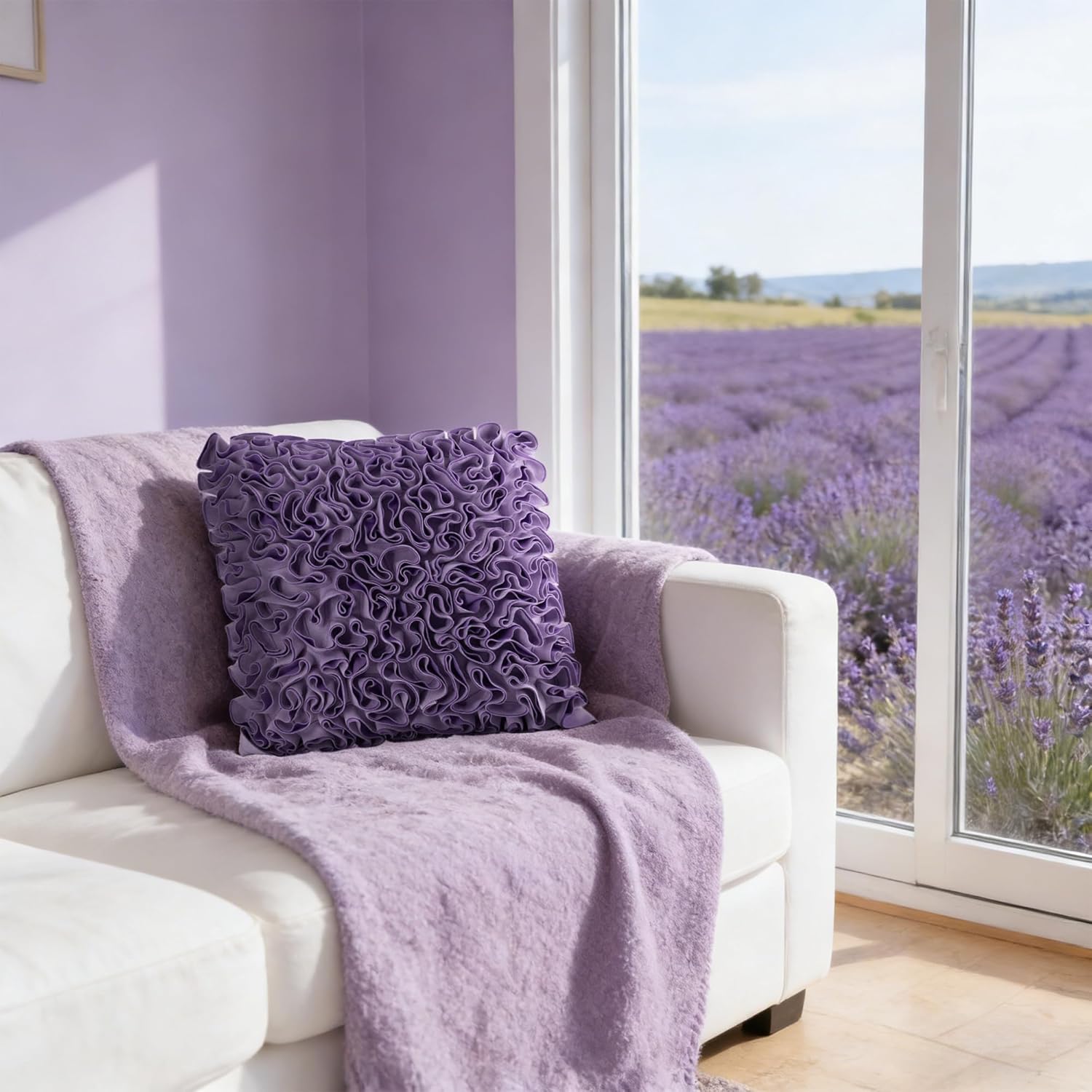 Purple Velvet Decorative Pillow Cover 18x18Inch Handmade Stereo Ruffled Flower Throw Pillow Case Soft Luxury Floral Accent Cushion Case for Couch Bed Modern Farmhouse Home Decor Lavender