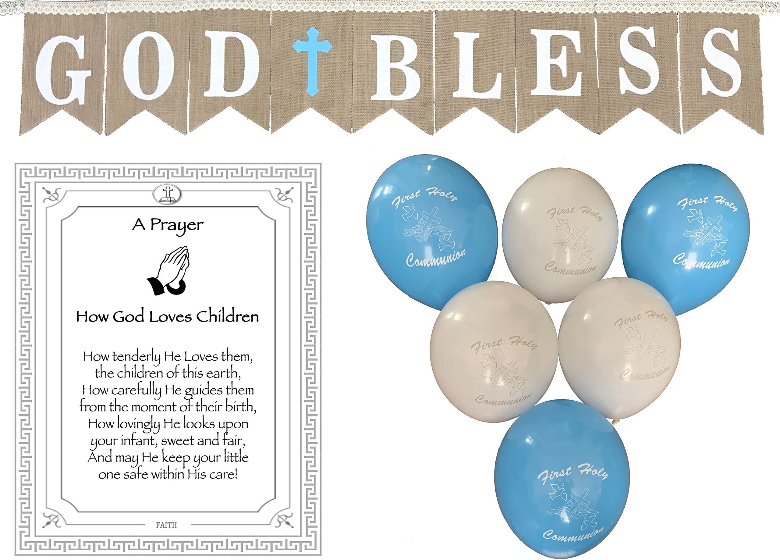 God Bless Laced Burlap Banner for Boys First Holy Communion, Christening, Baptism Banner, Catholic Decorations - Large Reusable 8X6 Banner with White Letters and Blue Cross with 6 Balloons