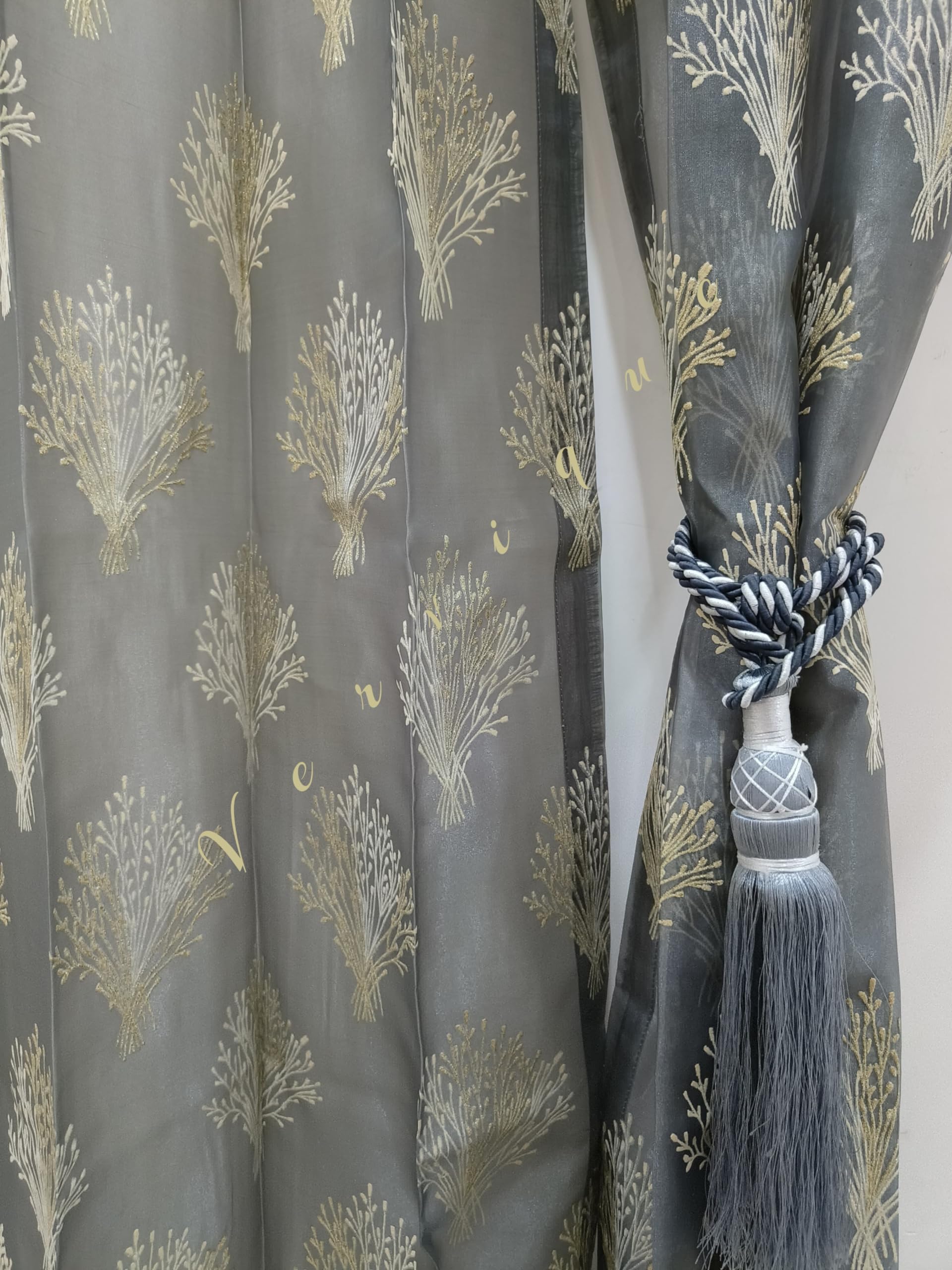 Vervique Premium Tissue Sheer Transparent Foil Print Tree Design Door/Window Curtains 7 Feet Long Set of 3 with 1 Tie Back | 4 * 7ft 122 * 213 cm | Grey Curtains