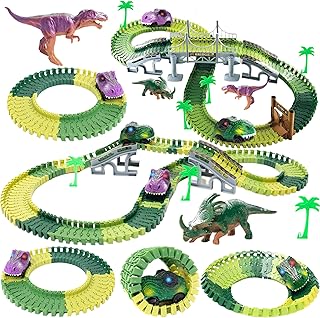 TOYLI Dinosaur Race Track Set 182 Pieces, Dino Track Flexible Road Playset with Bridge, Ramps, Car Toys, Tracks, Dinosaur Track Toy Set Gift for Boys Girls Kids Age 4 5 6 7