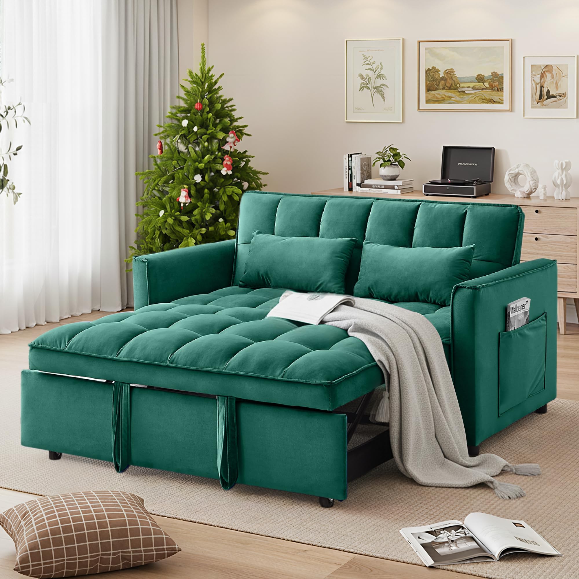 Wakefit Convertible Sleeper Sofa Bed, 54'' Loveseat Sofa for Living Room with Adjustable Backrest | Side Pocket | Velvet Fabric | 3 in 1 Pull Out Couch | Recliner Loveseat | Sectional Sofa, Green