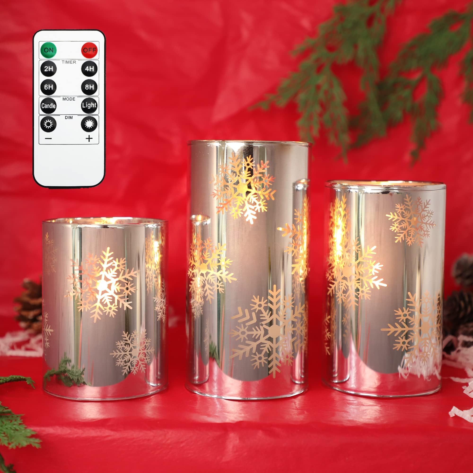 Christmas Flameless Candles with Remote, Set of 3, Snowflake Plating Battery Operated LED Candles, Glass Effect Pillar Candle Flickering with Remote for Home Decor