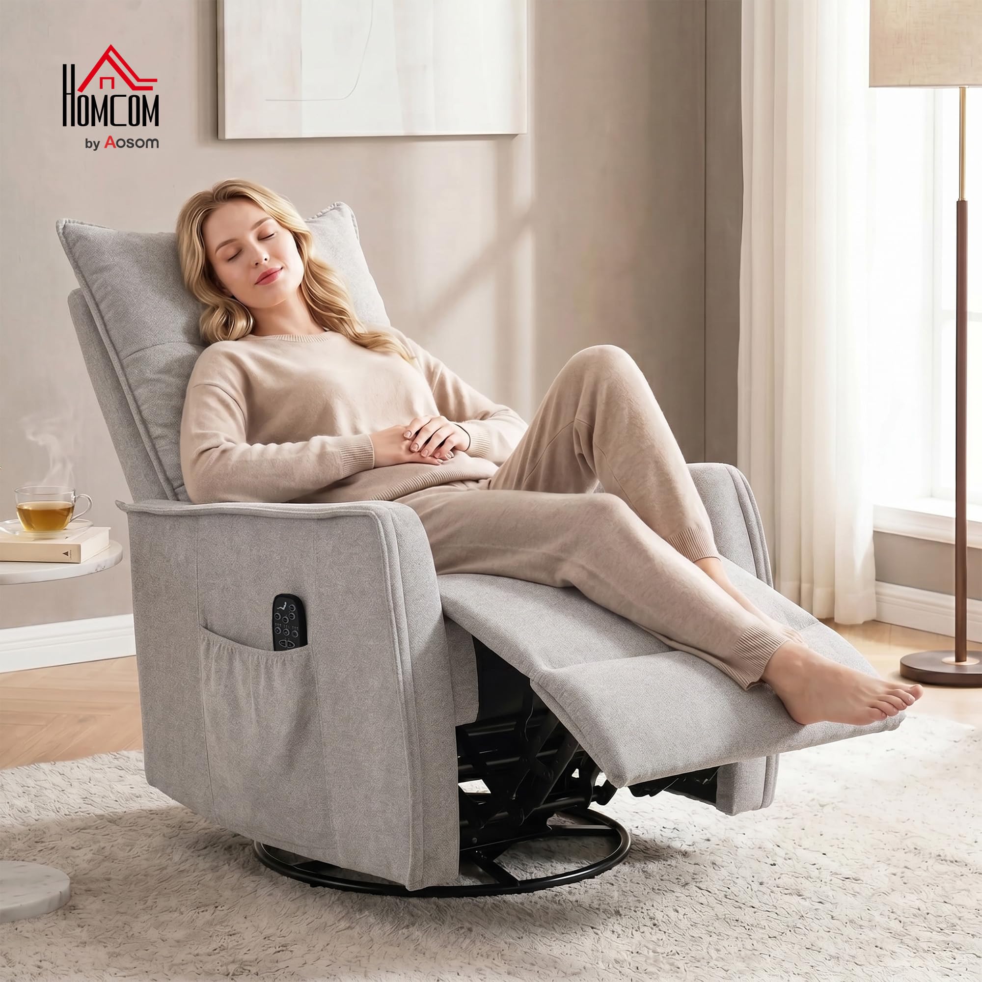HOMCOM Poltrona Massaggiante Reclinabile Manuale 155° Riscaldante, 8 Punti di Massaggio, Poltrona Relax Girevole in Ciniglia, Funzione Dondolo, Poggiapiedi, Telecomando, Tasche Laterali, Grigio Chiaro