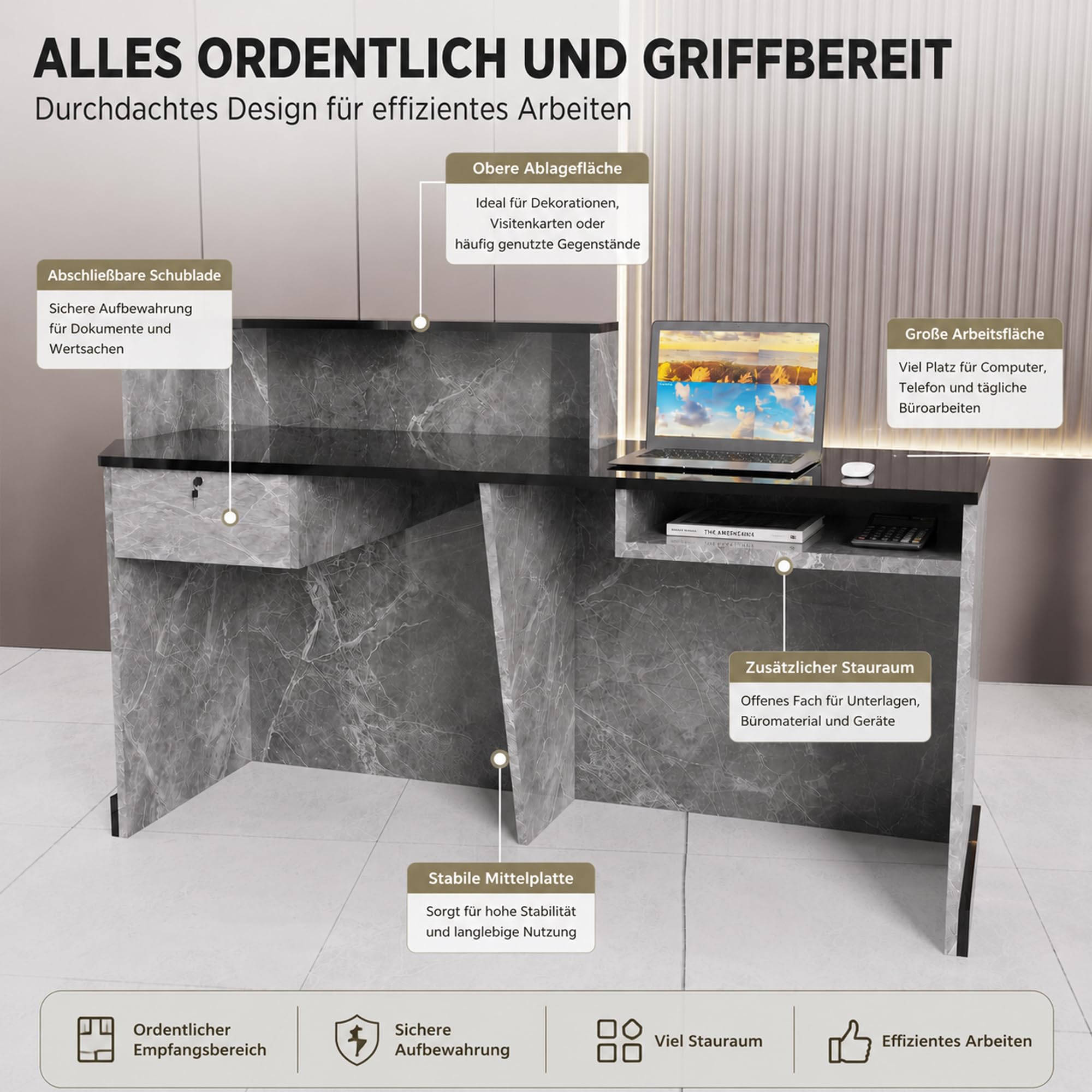 JSLJDM Empfangstheke 160 cm mit Stauraum, Moderne Theke in Marmoroptik, Empfangstresen für Büro, Praxis, Salon und Geschäft Left
