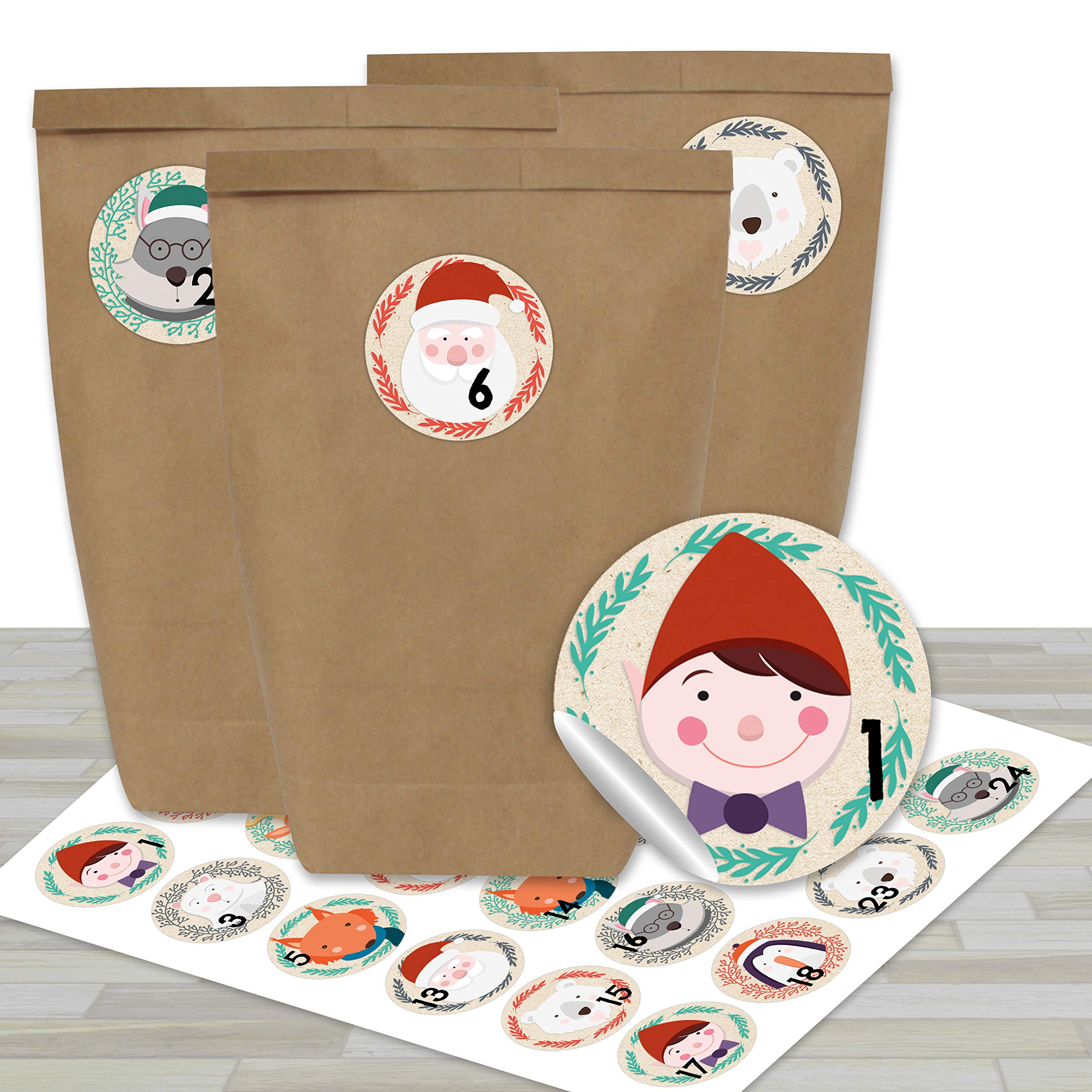 Calendario de Adviento DIY para rellenar - con 24 bolsas de papel marrón y 24 pegatinas rojo-verde - para bricolaje y manualidades - Mini Set Nr 17 - Navidad 2021 para niños — view 8