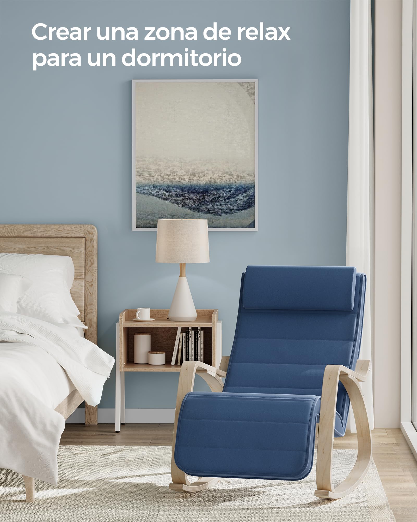 SONGMICS Silla Mecedora, con Apoyabrazos de Madera de Abedul, Silla Mecedora con Reposapiés Ajustable en 5 Posiciones, Máx. Carga de 150 kg, Dormitorio, Salón, Azul Medianoche y Natural LYY010Q01