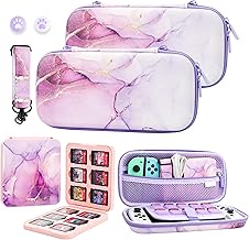 GLDRAM Marble Grain Case Bundle for Nintendo Switch & Switch OLED Accessories, Portable Travel Carrying Case with 10 Slots Purple Game Card Case, Ajustable Shoulder Strap and 2 Cute Thumb Grips
