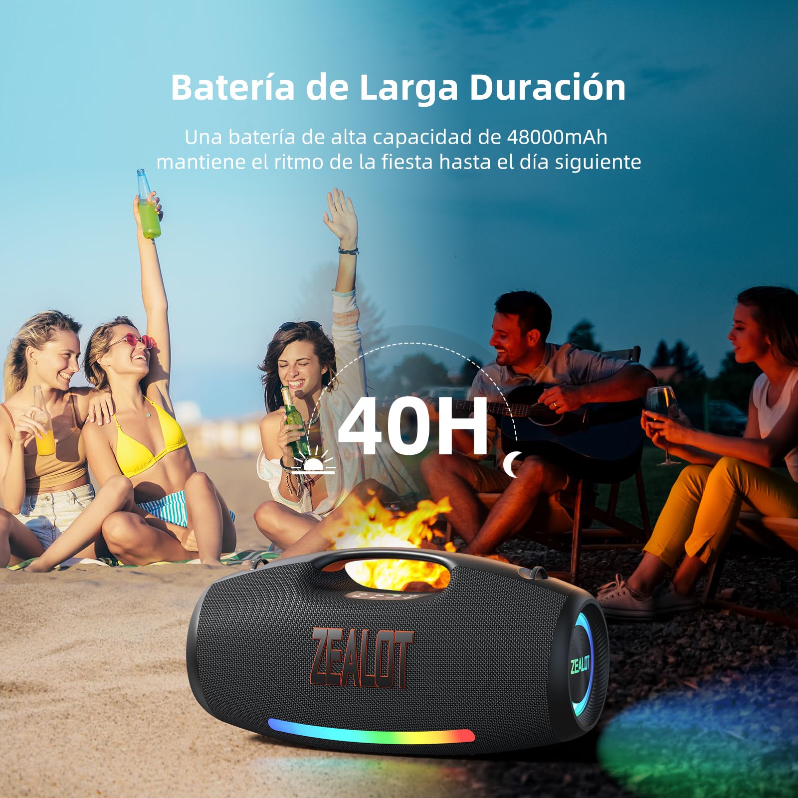 Zealot 250W Altavoz Bluetooth Portáti con Luz LED, Sonido Estéreo, Altavoz Grande con Potente Bass, Autonomía de 40 Horas, Banco de Energía, Bluetooth 5.3 y IPX6 Impermeable para Exterior