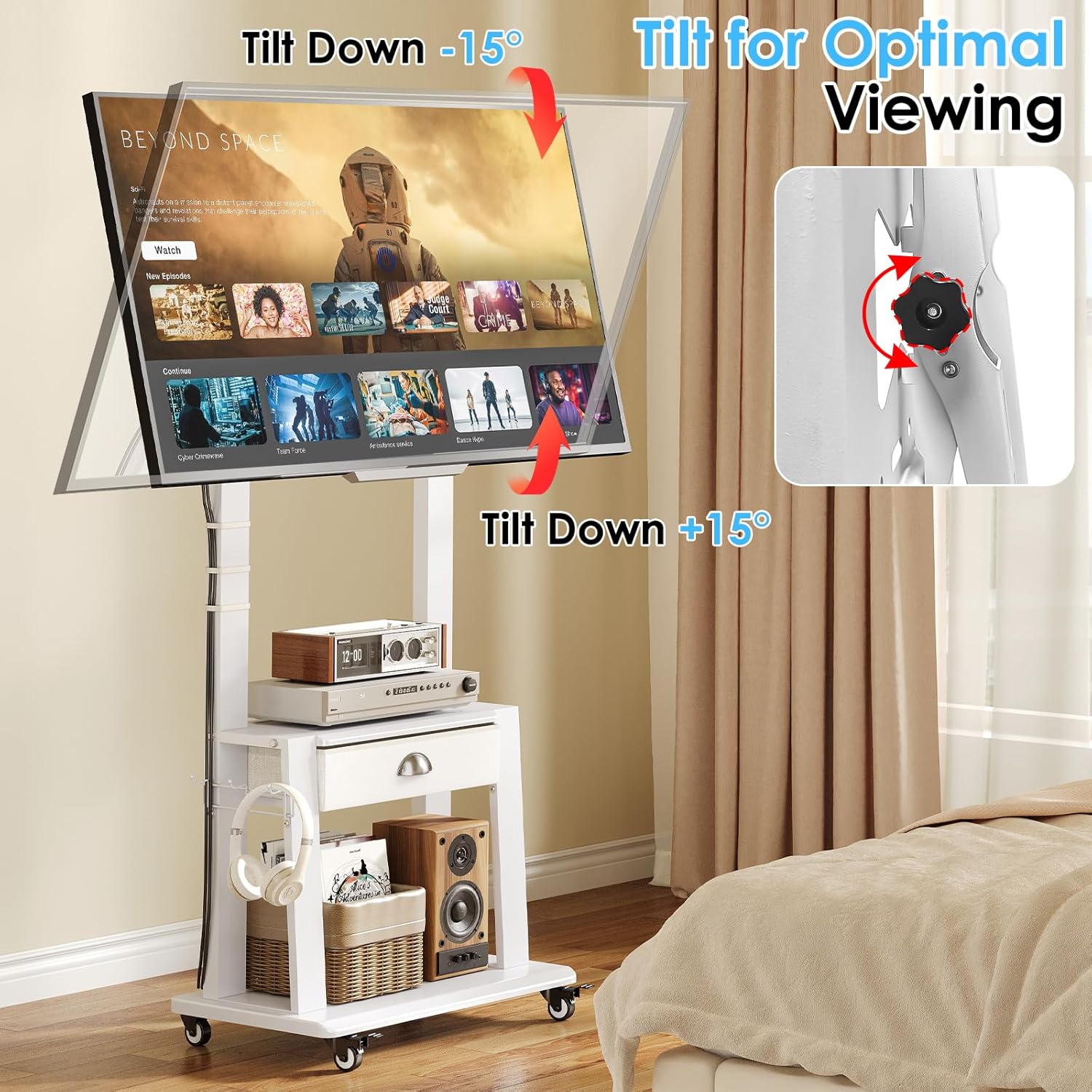 Mobile TV Stand with Drawer for 23-75 inch Flat/Curved Screen,Tilt Rolling TV Cart on Wheels with 2 Shelves,Adijustable Height TV Stand Holds up to 120lbs for Indoor Outdoor,Max VESA 600x400mm,White