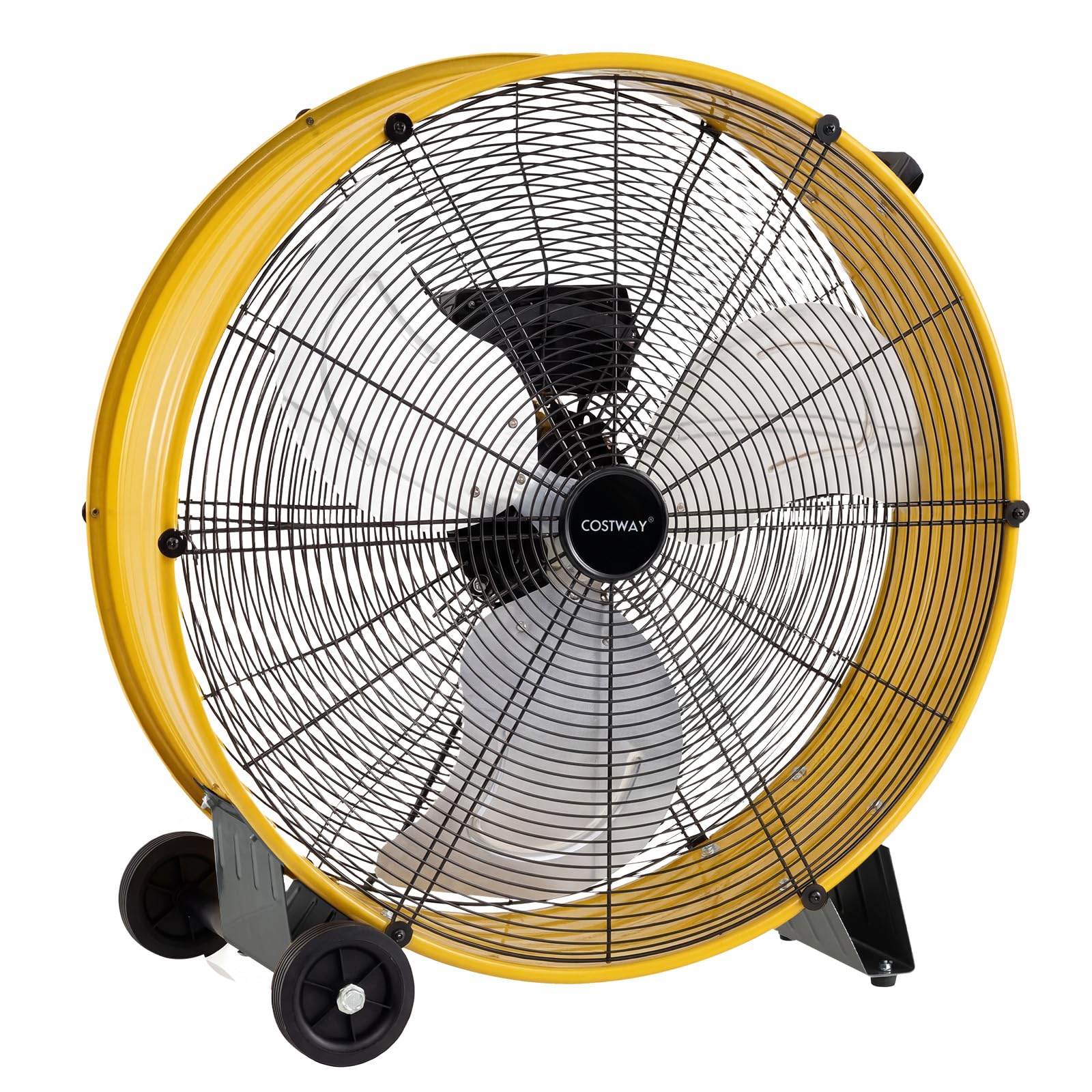 COSTWAY 24 Inch Large Industrial Drum Fan, 3-Speed High-Velocity Floor Fan with Built-in Wheels & Handle, Metal Air Circulator Cooling Fan for Home Commercial Warehouse Workshop (Yellow)
