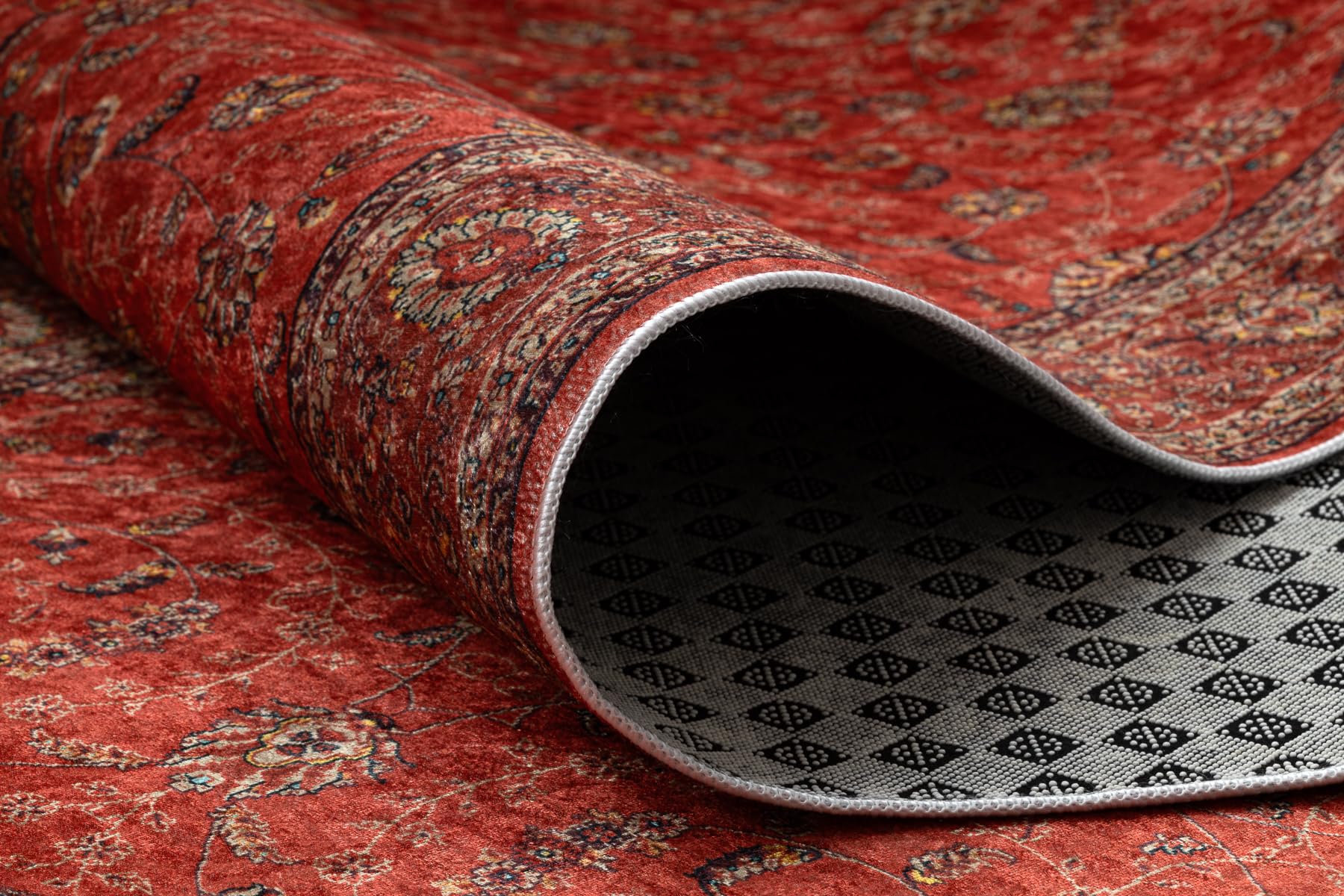 rugsx Tapis Antidérapant Lotus Tradition 58160 Classique, Ornement Rouge - Lavable - 80x400 cm - Tapis de Couloir Antiglisse pour Cuisine et Entrée