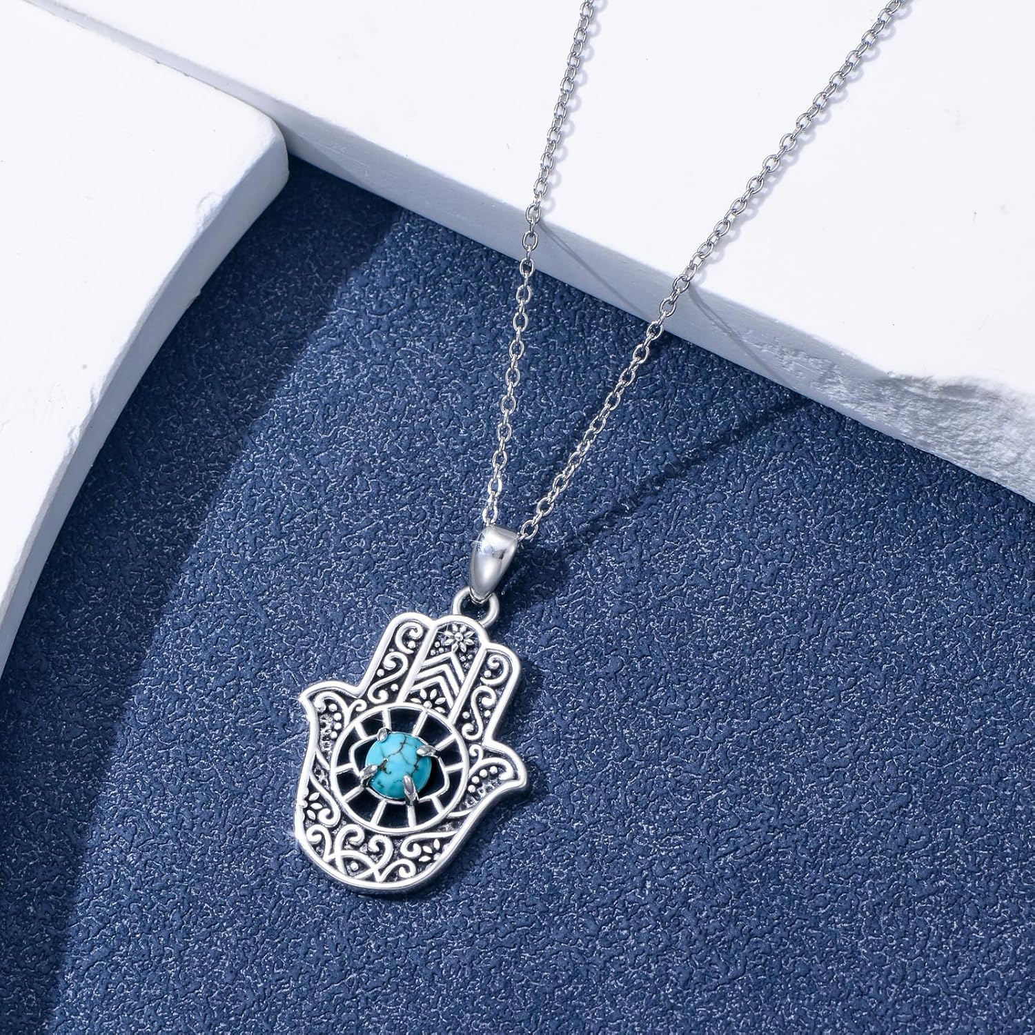 Turquoise Hamsa Necklace 925 Sterling Silver Evil Eye Hand of Fatima Pendant Vintage Western Jewelry Gift for Women - Image 3