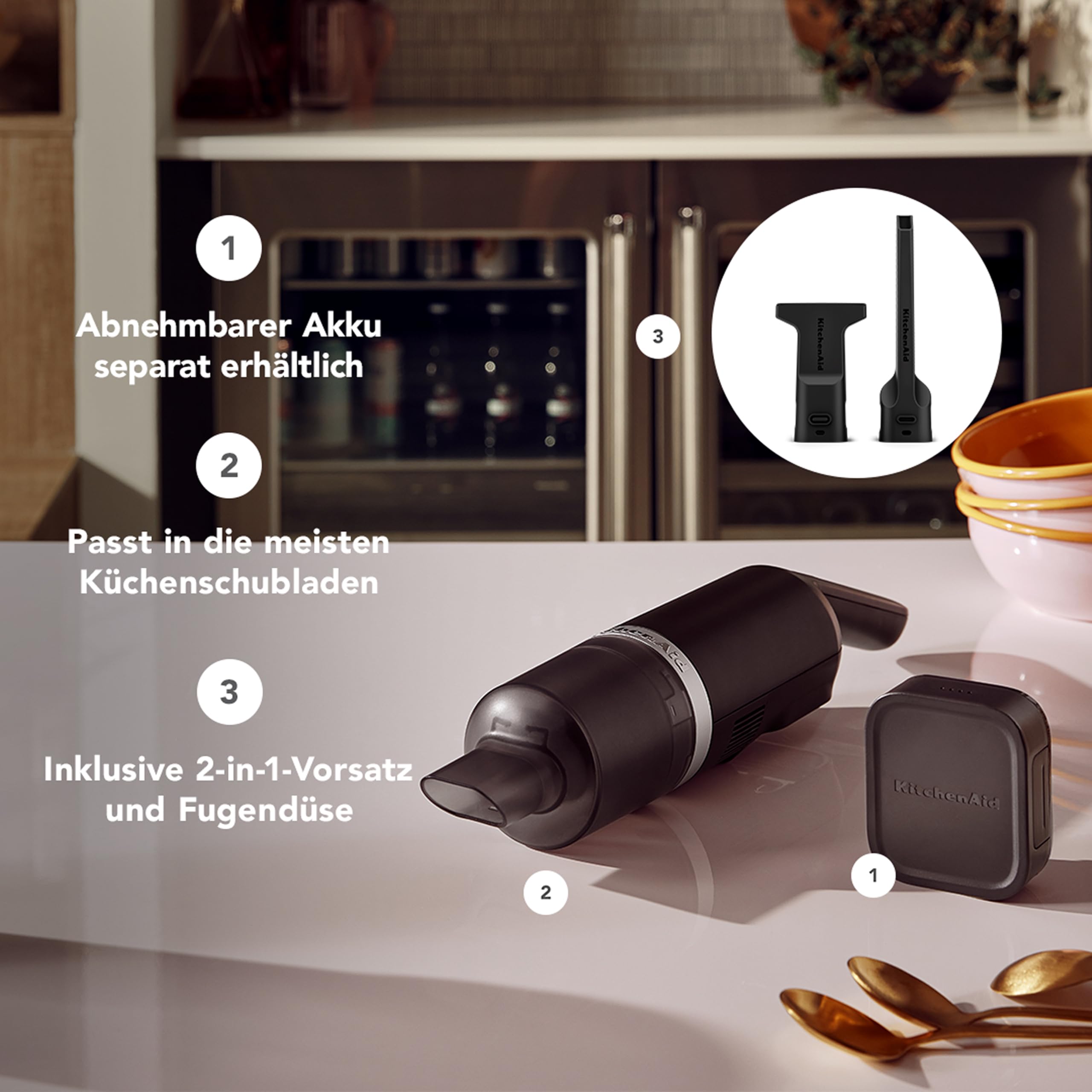KitchenAid Handstaubsauger kabellos - Go Cordless - Saugdüse und 2-in-1 Zubehör - Leicht - 20 Minuten Nutzungsdauer pro Ladung - Ohne Akku - Schwarz