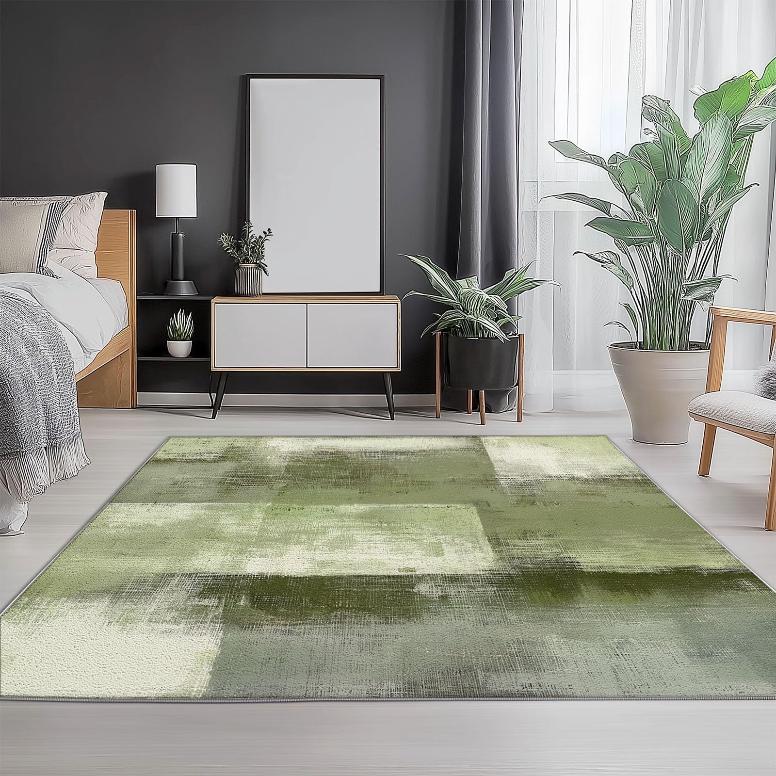 Lavabile in Lavatrice Tappeto per Soggiorno Camera da Letto Ufficio Decorazione 120 x 180 cm, Astratto Quadrati Pittura Digitale Tema Flanella Tappeti con Supporto Antiscivolo, Verde