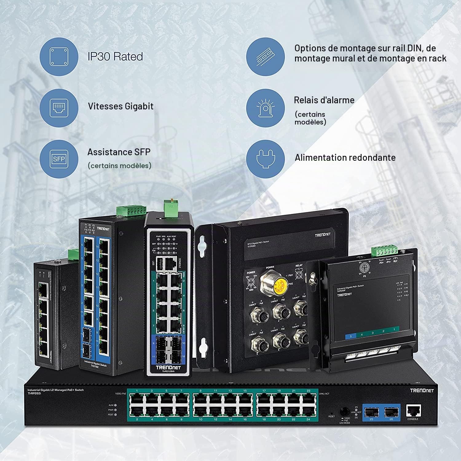 TRENDnet, TI-PG541, Commutateur réseau Gigabit PoE+ Industriel renforcé à 5 Ports, Alimentation 120 W, 1 Emplacement SFP, Indice de Protection IP30, Non géré, Noir