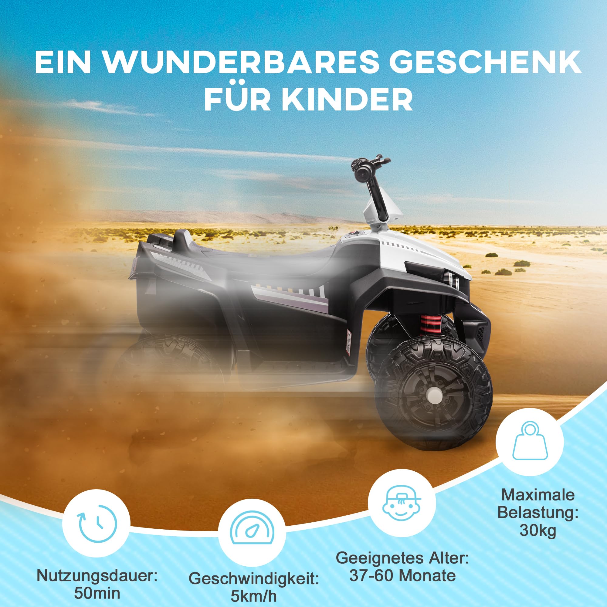 AIYAPLAY Elektro Quad für Kinder 12V Kinderquad mit 4-Rad-Federung, MP3-Musikplayer, Kinderfahrzeug mit Scheinwerfer, Vorwärts- und Rückwärtsgang, für 3-5 Jahre Kinder, 5 km/h, Metall, Weiß