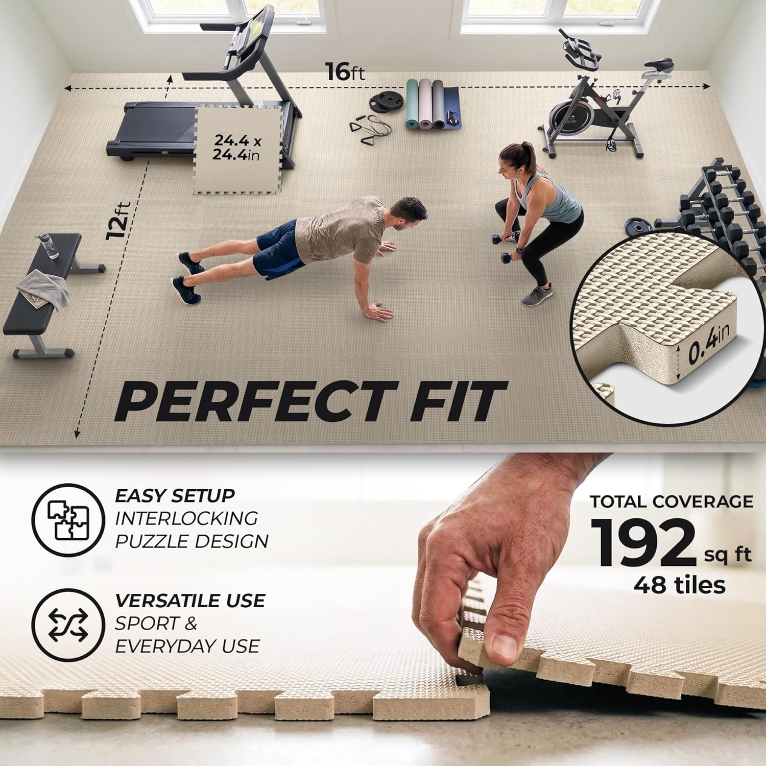 bemaxx Gym Mats Set - 48 pcs EVA Interlocking Foam Floor Tiles (24.4"x24.4"x0.4") 192 sqft Protective Gym Flooring Sports Home Workout Exercise Mats Puzzle Garage Fitness Play-Room Pool Treadmill Bike